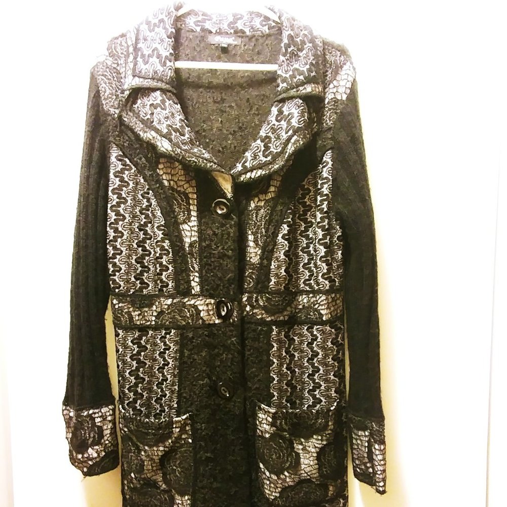 Unique Multitextured Long Black Cardigan